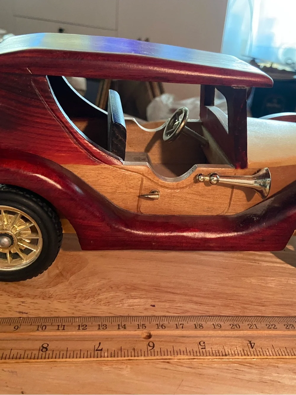 Handcrafted Wooden Vintage Car Decor in Burgundy and Natural Wood